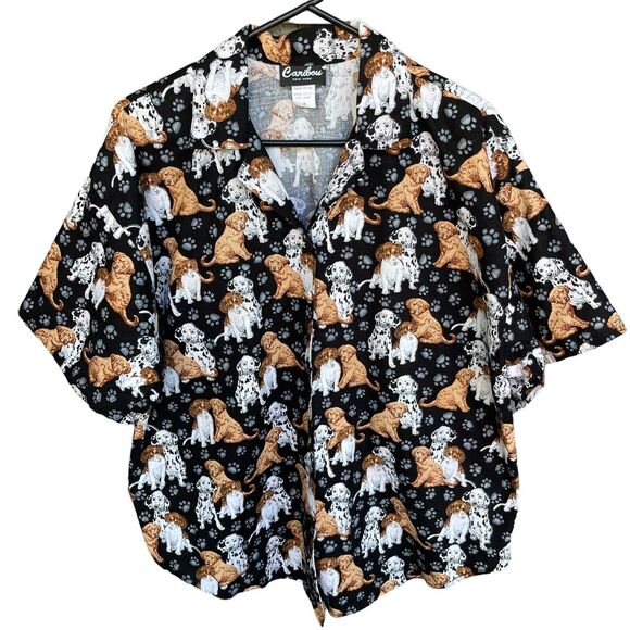Vintage Caribou New York Button Up Shirt Womens Plus Size 1X Cats Dogs Paw Print - Picture 1 of 8